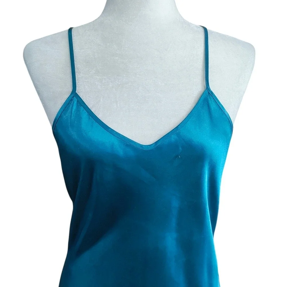 Vintage Victoria's Secret Gold Label Teal Blue Satin Slip Dress Small V-Neck 90s